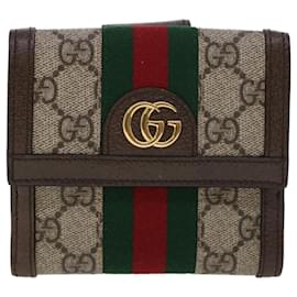Gucci-GUCCI GG Canvas Web Sherry Line Trifold Wallet PVC Leather Beige Red Auth 42974-Red,Beige,Green