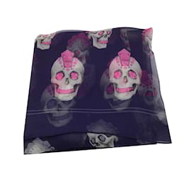 Alexander Mcqueen-Alexander McQueen Navy Blue / GREY / Hot Pink Mohawk Skull Print Sheer Large Square Silk Scarf-Other