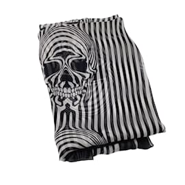 Alexander Mcqueen-Alexander McQueen Black / White Striped Skull Print Sheer Large Square Silk Scarf-Other