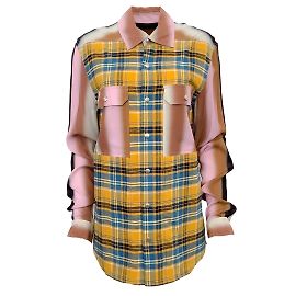Rick Owens Giallo / Plaid blu con camicia abbottonata in seta Multicolore