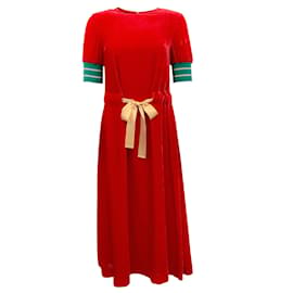 Undercover-Vestido canelado de veludo vermelho Undercover com amarração na cintura-Vermelho