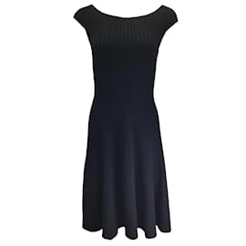 Michael Kors-Michael Kors Collection Black Bateau Neck Fitted and Flared Merino Wool Ribbed Knit Dress-Black