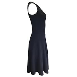 Michael Kors-Michael Kors Collection Black Bateau Neck Fitted and Flared Merino Wool Ribbed Knit Dress-Black