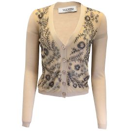 Suéter cardigã Valentino com miçangas bronzeadas e detalhe de tule em malha de caxemira e seda Outro