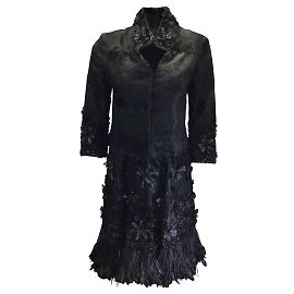 Dennis Basso Black Embellished Ostrich Feather Hem Broadtail Fur Coat Black
