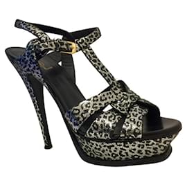 Saint Laurent-Metallic Tribute sandals in black and silver-Black,Silvery