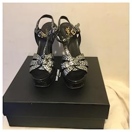 Saint Laurent-Metallic Tribute sandals in black and silver-Black,Silvery