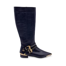 Versace-Black Leather Riding Boots with Gold Metal Buckles Size 36-Black
