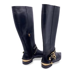 Versace-Black Leather Riding Boots with Gold Metal Buckles Size 36-Black