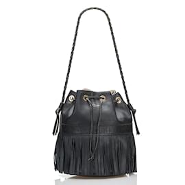 Autre Marque-Fringe Leather Bucket Bag-Black