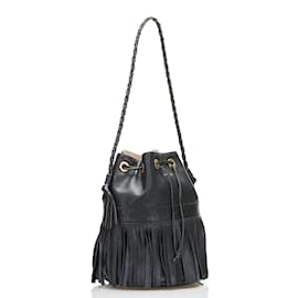 Autre Marque-Fringe Leather Bucket Bag-Black