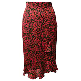 Maje-Maje Floral Asymmetric Drape Skirt in Red Silk-Red
