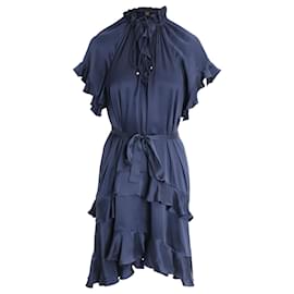Zimmermann-Zimmermann Ruffled Belted Dress in Navy Silk-Navy blue