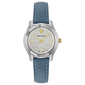 Versace Greca Time Leather Watch Silvery Metallic