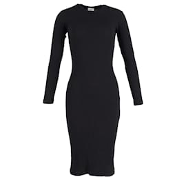 Re/Done-RE/Done Ribbed Knit Fitted Long Sleeved Midi Dress in Black Cotton-Black