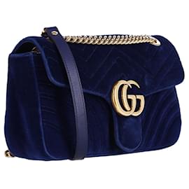 Gucci-Bolsa de ombro pequena Gucci GG Marmont em veludo azul-Azul