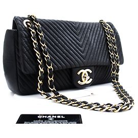 Chanel Chevron V-Stitch Leather Chain Shoulder Bag Single Flap Mat Black