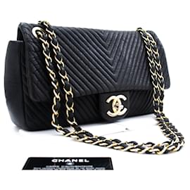 Chanel-Chanel Chevron V-Stitch Leather Chain Shoulder Bag Single Flap Mat-Negro