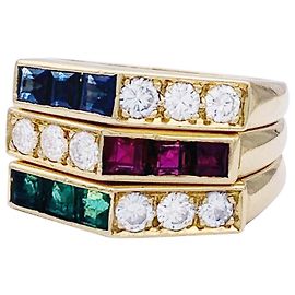 inconnue together 3 rings, yellow gold, sapphires, ruby, Emeralds, diamants. Other
