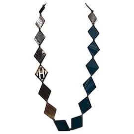 Hermès-Hermès sautoir necklace in horn and teal blue oblongs-Blue