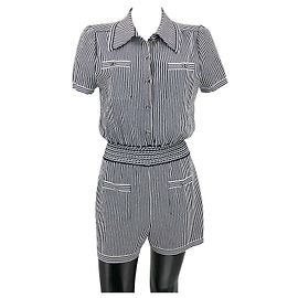Chanel romper shorts jumpsuit in navy & white stripe with crystal buttons Blue