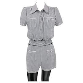 Chanel-Chanel romper shorts jumpsuit in navy & white stripe with crystal buttons-Blue