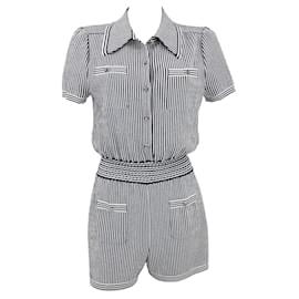 Chanel-Chanel romper shorts jumpsuit in navy & white stripe with crystal buttons-Blue