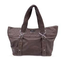 Chanel-Brown Leather Sticth Mademoiselle 8 Knots Tote Bag-Brown