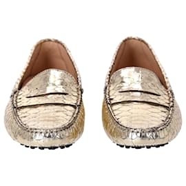 Tod's-Tod's Gommino Driving Shoes in Gold Python Embossed Leather-Golden