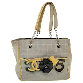 Chanel-CHANEL Choco Bar Chain Tote Bag Canvas Gray CC Auth 43281-Grey