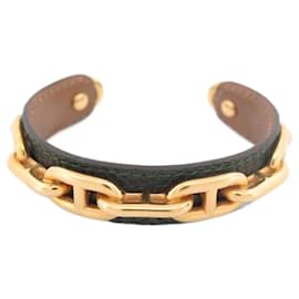 Hermès-HERMES ANCHOR CHAIN LINKS BRACELET 16 GREEN LIZARD LEATHER BANGLE-Green