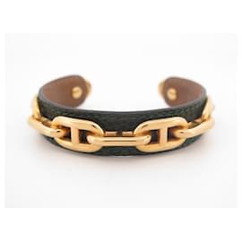 Hermès-BRACELET HERMES MAILLONS CHAINE D'ANCRE 16 CUIR LEZARD VERT LEATHER BANGLE-Vert