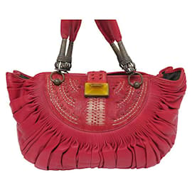 Christian Dior-CHRISTIAN DIOR FRAME RED PLEATED LEATHER LEATHER HAND BAG PURSE-Red