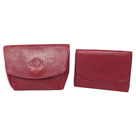 Christian Dior-VINTAGE LOT CHRISTIAN DIOR POUCH & LEATHER WALLET SET WALLET CASE POUCH-Red