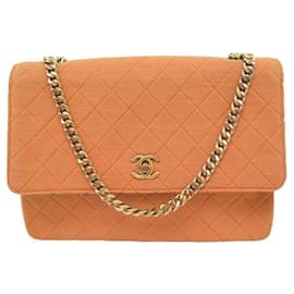 Chanel-VINTAGE CHANEL CLASSIC TIMELESS HAND BAG WITH FLAP CANVAS JERSEY HAND BAG-Orange