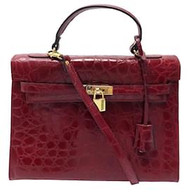 Autre Marque-VINTAGE KELLY TYPE FLAP HANDBAG CROCODILE LEATHER STYLE CROSSBODY HAND BAG-Red