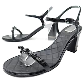 Chanel-CHANEL SHOES SANDALS CHAINS AND PEARLS 39 BLACK LEATHER SPARTAN SHOES-Black