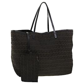 Fendi-FENDI Zucchino Canvas Tote Bag Black Brown Auth 43283-Brown,Black