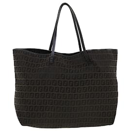 Fendi-FENDI Zucchino Canvas Tote Bag Black Brown Auth 43283-Brown,Black