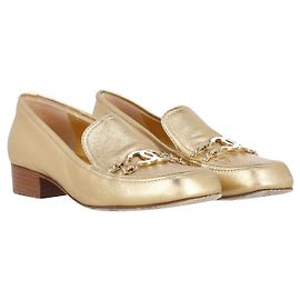 Mocassim Chanel Chain CC Logo em couro dourado Dourado Metálico