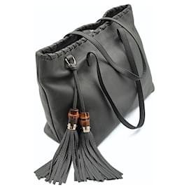 Gucci-Gucci Shopper Tote Bamboo bag in gray leather-Grey