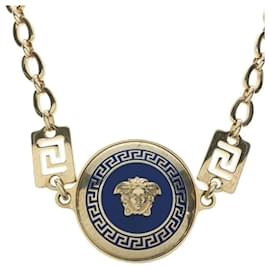 Gianni Versace-**Gianni Versace Gold Blue Medusa Necklace-Blue,Gold hardware