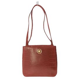 **Gianni Versace Red Leather Croc Embossed Shoulder Bag Red