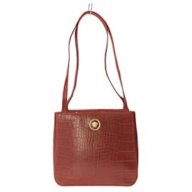 Gianni Versace-**Gianni Versace Red Leather Croc Embossed Shoulder Bag-Red