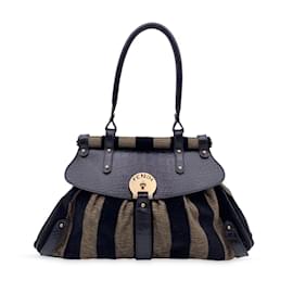 Fendi-Sac à main à poignée supérieure en velours à rayures noires Pequin Magic-Noir