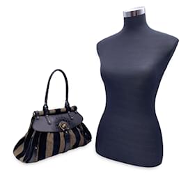 Fendi-Sac à main à poignée supérieure en velours à rayures noires Pequin Magic-Noir