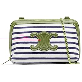 Céline-Celine White Stripe Triomphe Crossbody Bag-White,Multiple colors