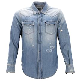 Saint Laurent-Saint Laurent Distressed Denim Shirt in Blue Cotton-Blue