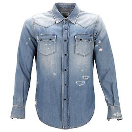 Saint Laurent Distressed-Jeanshemd aus blauer Baumwolle Blau