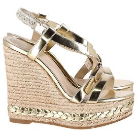 Espadrille Dior Cross Strap Wedge em Couro Metalizado Dourado Dourado